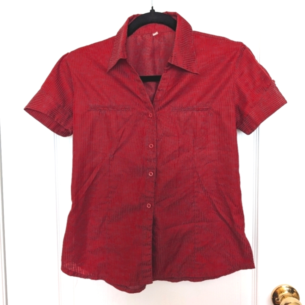 3/$15 Red & Navy striped button down shirt with short sleeves